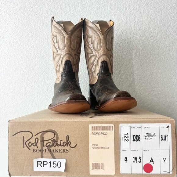 Rod Patrick Mens Cowboy Boots 14.5A Antique Mocha Bison Brown Western Blunt Toe - Picture 14 of 15